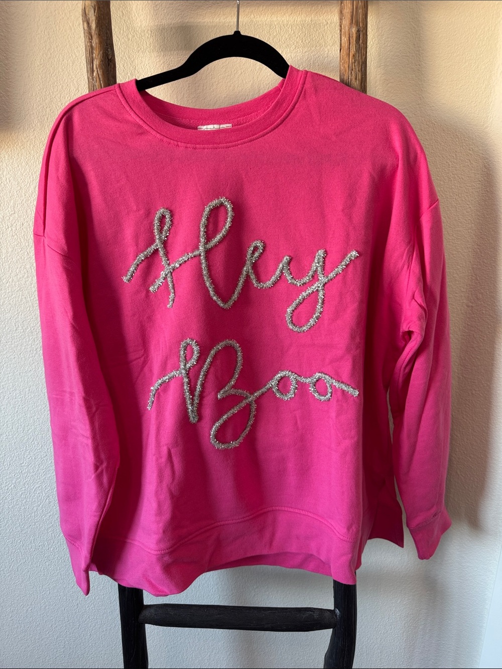 NWOT Mud Pie Bright Pink Crewneck with Silver Logo Stitching